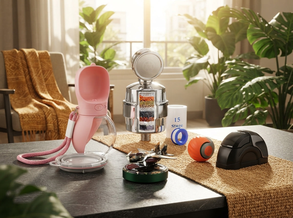 A curated collection of smart home and car accessories, including a shower head, pet gear, and car fragrance, displayed on a 