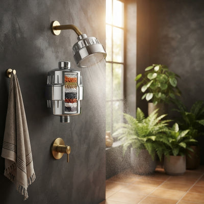 A 15-stage filtered shower head mounted in a modern bathroom with green plants and warm ambient lighting.